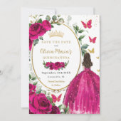 Fuchsia Hot roze bloemige prinses jurk quinceañera Save The Date (Voorkant)