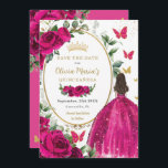 Fuchsia Hot roze bloemige prinses jurk quinceañera Save The Date<br><div class="desc">Personaliseer deze fuchsia hete roze bloemenquinceañera / Sweet 16 birthday en bewaar de datum gemakkelijk en snel. Klik op de knop verder aanpassen om de teksten te bewerken, lettertypen en lettertypekleuren te wijzigen. Met een meisje gekleed in een prachtige glitterige fuchsia baljurk, levendige fuchsia rozen, vlinders en een gouden afgesneden...</div>