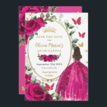 Fuchsia Hot roze bloemige prinses jurk quinceañera Save The Date<br><div class="desc">Personaliseer deze fuchsia hete roze bloemenquinceañera / Sweet 16 birthday en bewaar de datum gemakkelijk en snel. Klik op de knop verder aanpassen om de teksten te bewerken, lettertypen en lettertypekleuren te wijzigen. Met een meisje gekleed in een prachtige glitterige fuchsia baljurk, levendige fuchsia rozen, vlinders en een gouden afgesneden...</div>