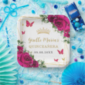 Fuchsia Hot roze bloemige vlinders Quinceañera Papieren Bordje (Feest)