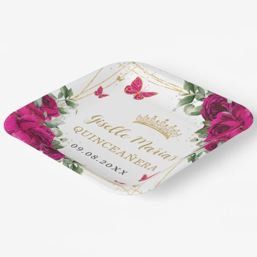 Fuchsia Hot roze bloemige vlinders Quinceañera Papieren Bordje (Gebogen)