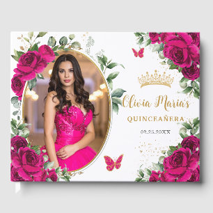 Fuchsia Hot Roze Rozen Bloemen Quinceanera Foto Gastenboek
