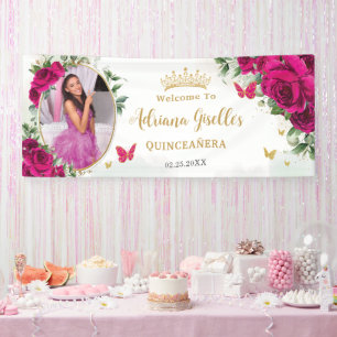 Fuchsia Hot Roze Rozen Bloemen Quinceañera Foto Spandoek