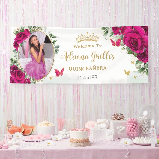 Fuchsia Hot Roze Rozen Bloemen Quinceañera Foto Spandoek (Feest)