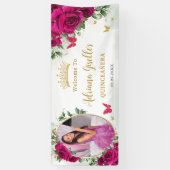 Fuchsia Hot Roze Rozen Bloemen Quinceañera Foto Spandoek (Verticaal)