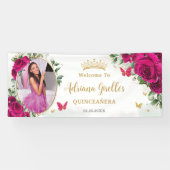Fuchsia Hot Roze Rozen Bloemen Quinceañera Foto Spandoek (Horizontaal)