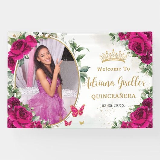 Fuchsia Hot Roze Rozen Bloemen Quinceañera Foto Spandoek (Horizontaal)