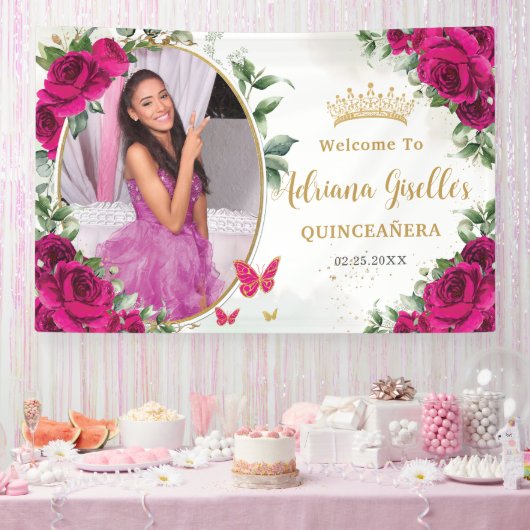 Fuchsia Hot Roze Rozen Bloemen Quinceañera Foto Spandoek (Feest)