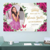 Fuchsia Hot Roze Rozen Bloemen Quinceañera Foto Spandoek (Beurs)