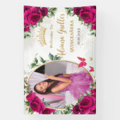 Fuchsia Hot Roze Rozen Bloemen Quinceañera Foto Spandoek (Verticaal)