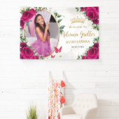 Fuchsia Hot Roze Rozen Bloemen Quinceañera Foto Spandoek (Insitu)