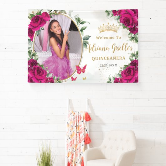 Fuchsia Hot Roze Rozen Bloemen Quinceañera Foto Spandoek (Insitu)