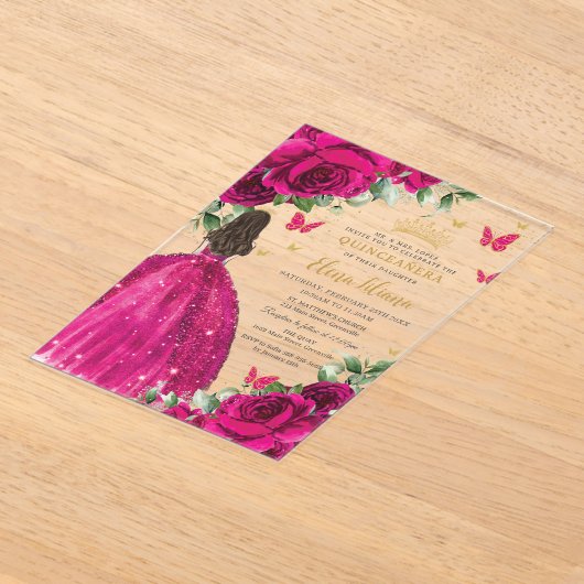 Fuchsia Hot Roze Rozen Bloemen Quinceañera Sweet 1 Acryl Uitnodigingen (Laagn)