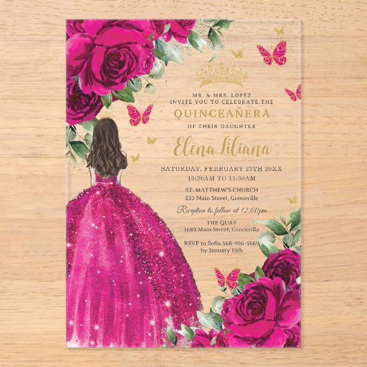 Fuchsia Hot Roze Rozen Bloemen Quinceañera Sweet 1 Acryl Uitnodigingen (Voorkant)