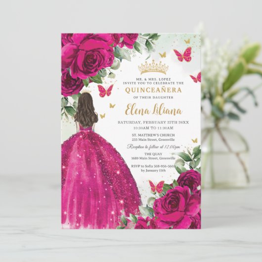Fuchsia Hot Roze Rozen Bloemen Quinceañera Sweet 1 Kaart (Staand voorkant)