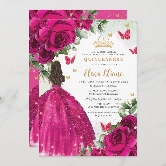 Fuchsia Hot Roze Rozen Bloemen Quinceañera Sweet 1 Kaart (Voorkant / Achterkant)