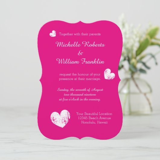 Fuchsia huwelijksuitnodigingen | Hete neonroze kle Kaart (Staand voorkant)