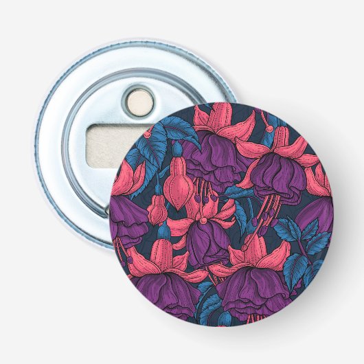 Fuchsia in blauw en paars button flesopener (Voorkant)