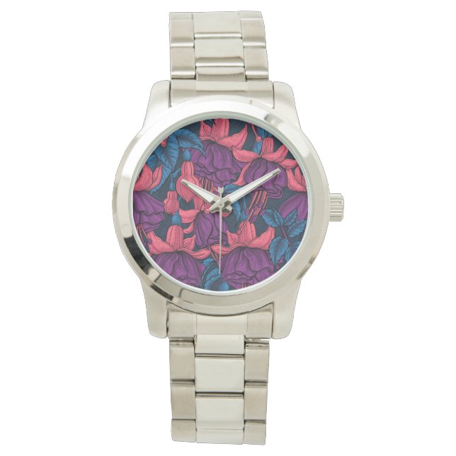 Fuchsia in blauw en paars horloge (Voorkant)