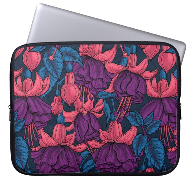 Fuchsia in blauw en paars laptop sleeve (Voorkant)