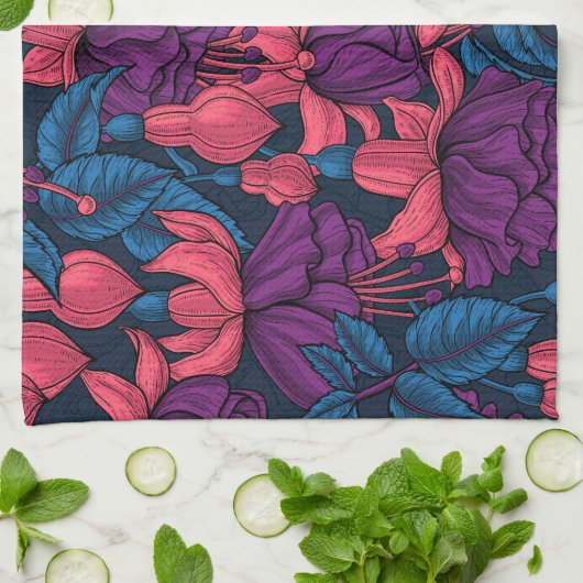 Fuchsia in blauw en paars theedoek (Gevouwen)