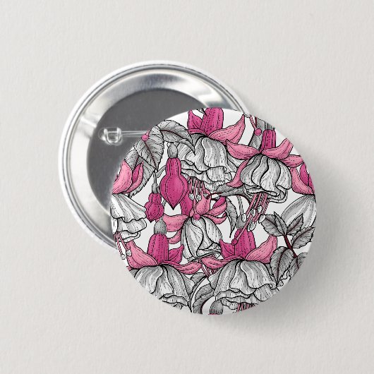 Fuchsia in wit en roze ronde button 5,7 cm (Voorkant /achterkant)