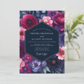 Fuchsia Indigo Bloei Bruiloft Kaart (Staand voorkant)