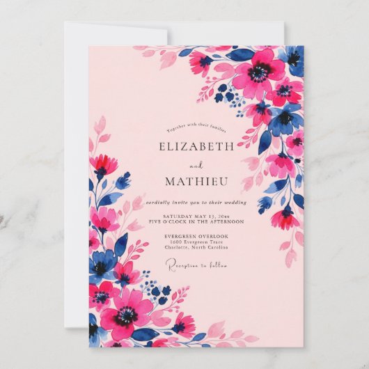 Fuchsia Indigo Bloeiende Lente Bruiloft Kaart (Voorkant)