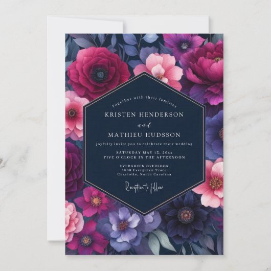 Fuchsia Indigo Bloom Wedding Kaart (Voorkant)