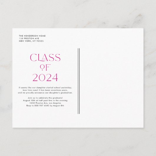 Fuchsia Klasse van 2024 Modern Minimalistisch Afst Aankondigingskaart (Achterkant)