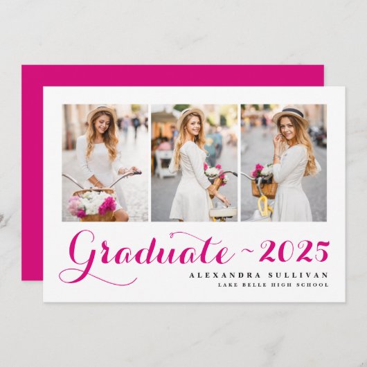 Fuchsia Klasse van 2025 Fotocollage Afstuderen Kaart (Voorkant / Achterkant)