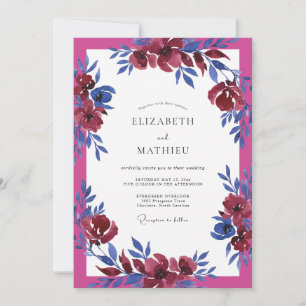 Fuchsia Kobalt Waterverf Bruiloft Kaart