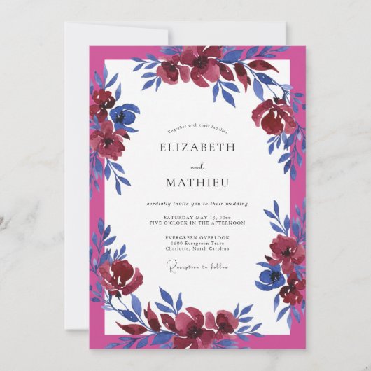 Fuchsia Kobalt Waterverf Bruiloft Kaart (Voorkant)