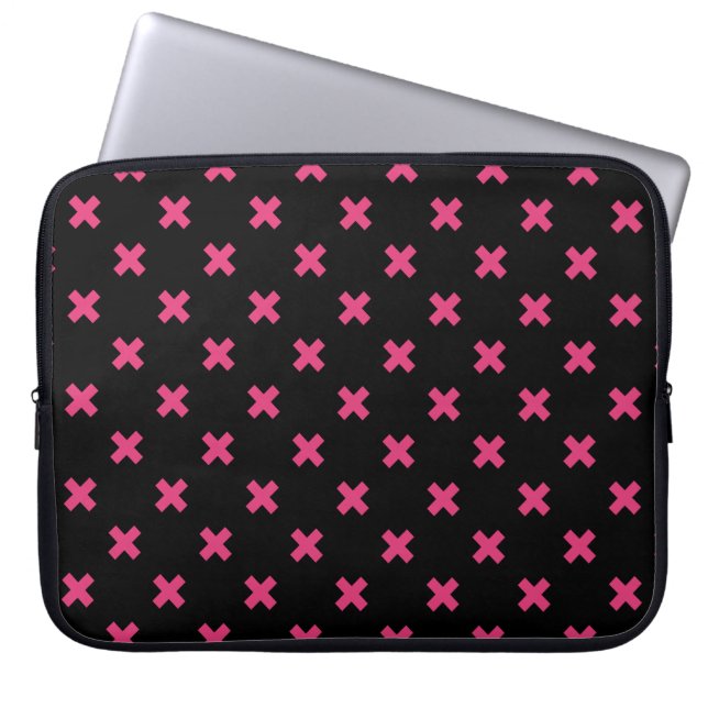 Fuchsia kruisstift zwart laptop sleeve (Voorkant)