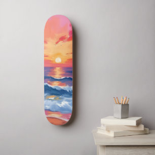 Fuchsia Kust Zonsondergang   Oceaan Golven Waterve Persoonlijk Skateboard