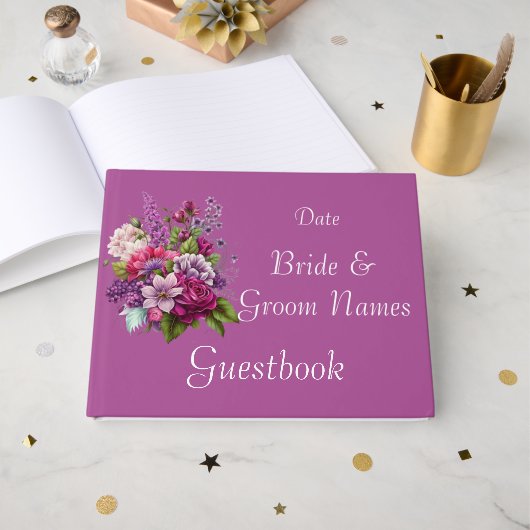 Fuchsia Lavendel Bloemen Bruiloft Gastenboek (Voorkant open)