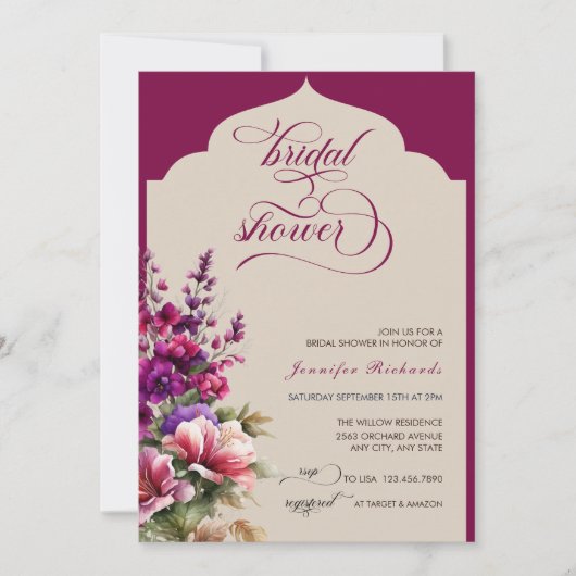 Fuchsia | Lavendel | Waterverf Bruidsdouche Kaart (Voorkant)