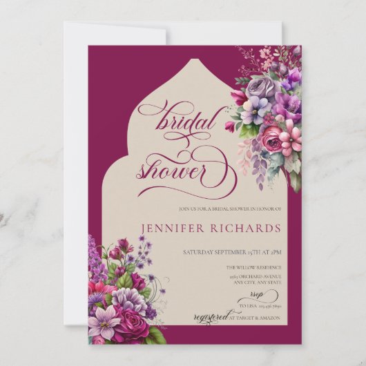 Fuchsia | Lavendel | Waterverf Bruidsdouche Kaart (Voorkant)