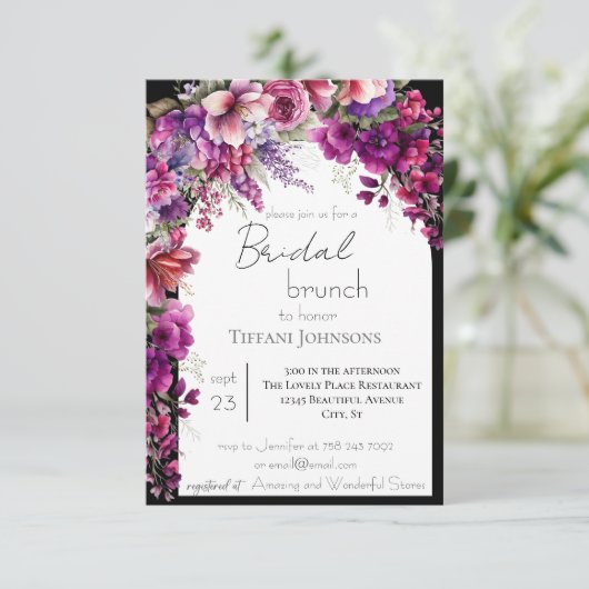 Fuchsia Lavender Floral Arch Bridal Brunch Kaart (Staand voorkant)