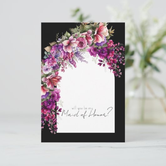 Fuchsia Lavender Floral Arch Bridal Party Voorstel Kaart (Staand voorkant)