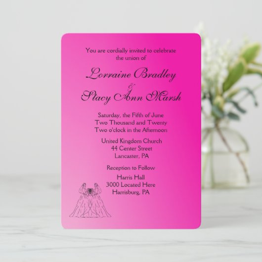 Fuchsia Lesbian Wedding Uitnodiging (Staand voorkant)
