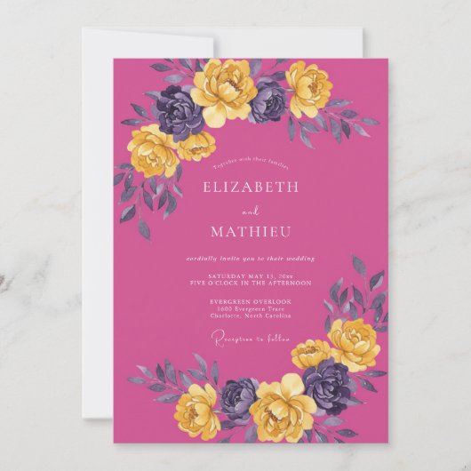 Fuchsia Levendige Botanische Bruiloft Kaart (Voorkant)