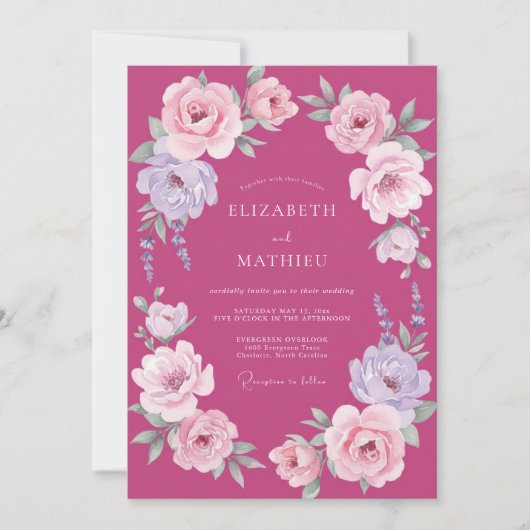 Fuchsia Lila Ranunculus Eucalyptus Bruiloft Kaart (Voorkant)