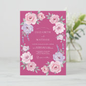Fuchsia Lila Ranunculus Eucalyptus Bruiloft Kaart (Staand voorkant)