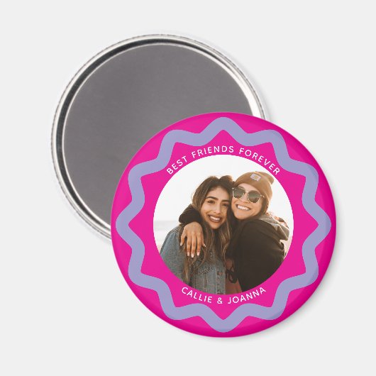 Fuchsia Lilac Wavy Circle Photo Frame with Text Magneet (Voorkant / Achterkant)