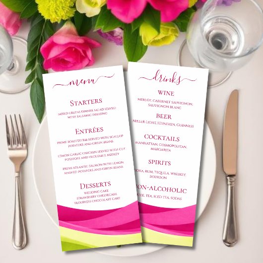 Fuchsia & Lime Groen Trouwdiner- en Barmenu  Menu