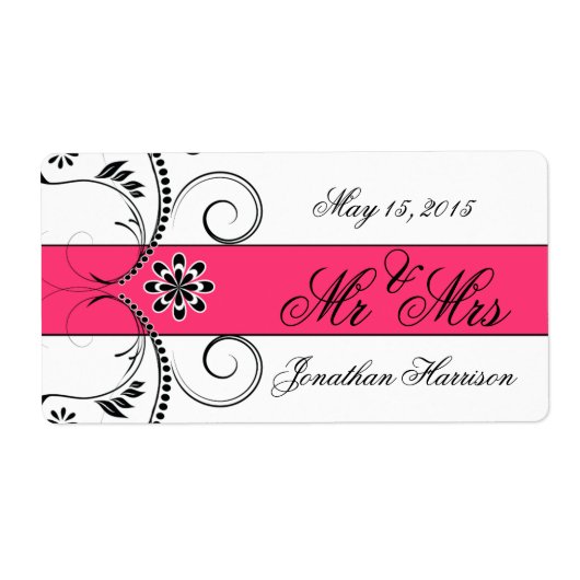 Fuchsia lint bruiloft Mr. Mrs. Waterfles Labels (Voorkant)