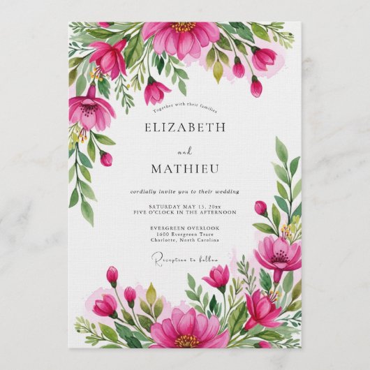 Fuchsia Lush Bloom Wedding Kaart (Voorkant)