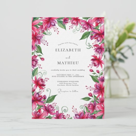 Fuchsia Lush Botanical Wedding Kaart (Staand voorkant)