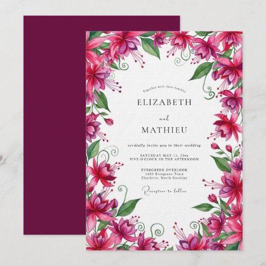 Fuchsia Lush Botanical Wedding Kaart (Voorkant / Achterkant)